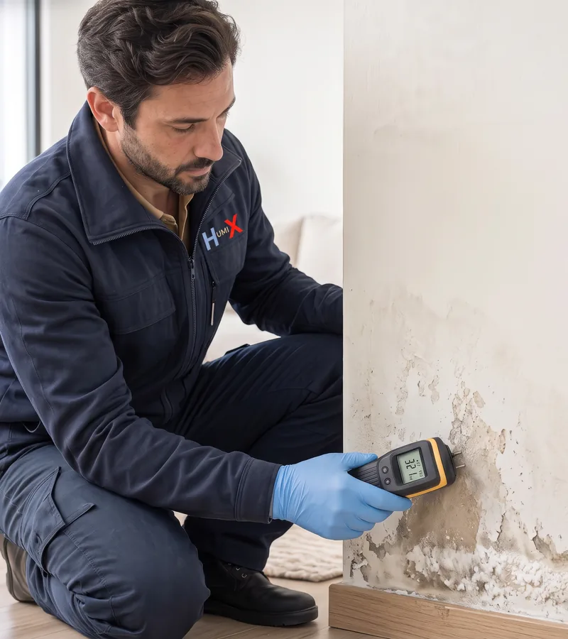 Rising damp and blown plaster at the bottom of a wall in London